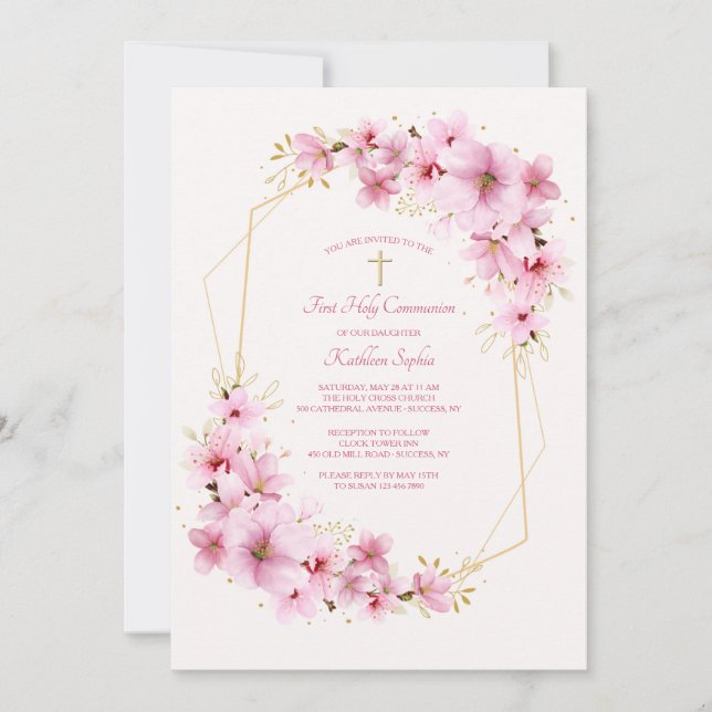 Fleurs roses Invitation religieuse (Devant)
