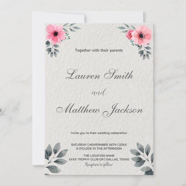 Fleurs roses Invitations de mariage (Devant)