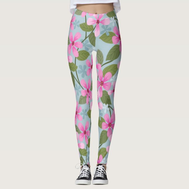 fleurs roses leggings bleu motif (Devant)