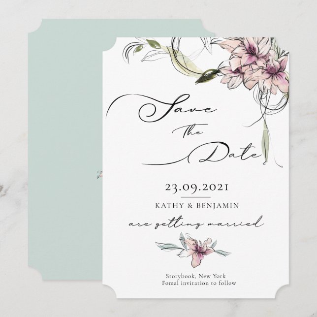 Fleurs Roses Lys Mariage Enregistrer La Carte Date (Devant / Derrière)