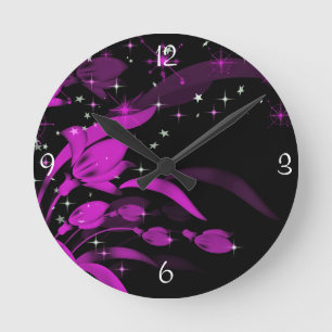 Fleurs roses Neon, Horloge Mur Noir