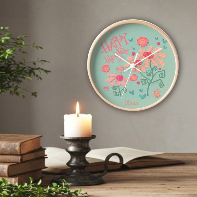 Fleurs roses Nom Personnalisé Inspirivity Horloge (Créateur téléchargé)