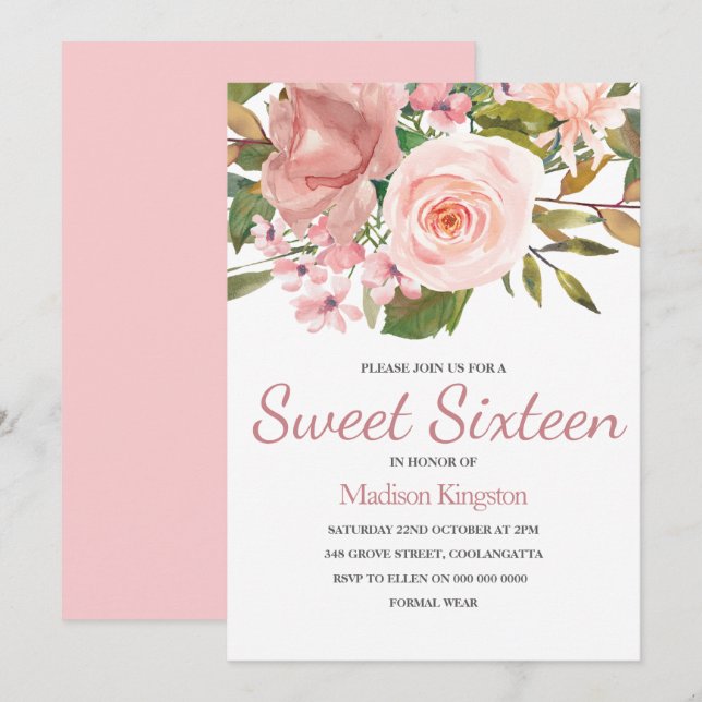 Fleurs roses or et blush Sweet 16 Invitation (Devant / Derrière)