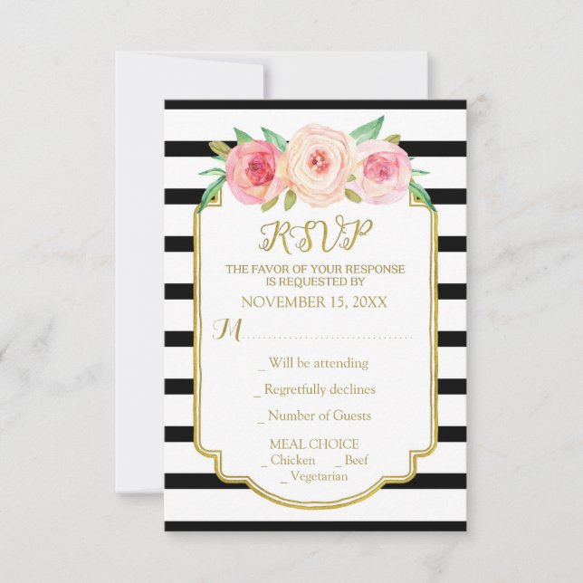 Fleurs roses Or Noir Blancs Mariage RSVP (Devant)