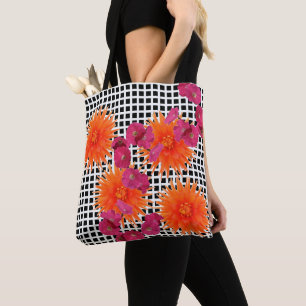 Fleurs roses orange Sac fourre-tout blanc noir