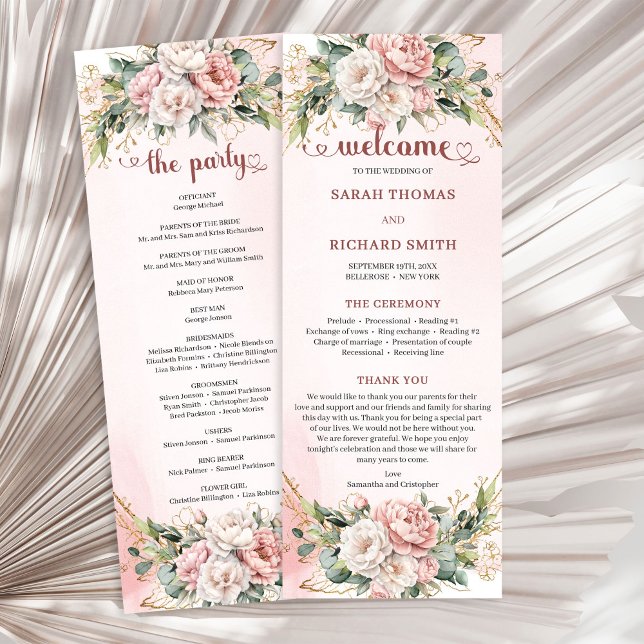 Fleurs roses pastel et eucalyptus pour programme d (Soft Blush Pink Flowers Eucalyptus Wedding Program)