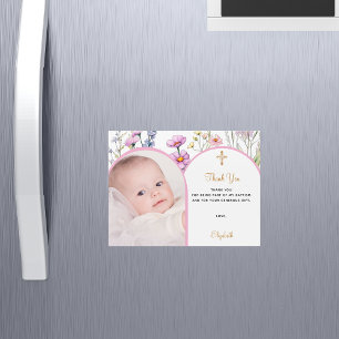 Fleurs roses photo Baptême Merci carte magnétique