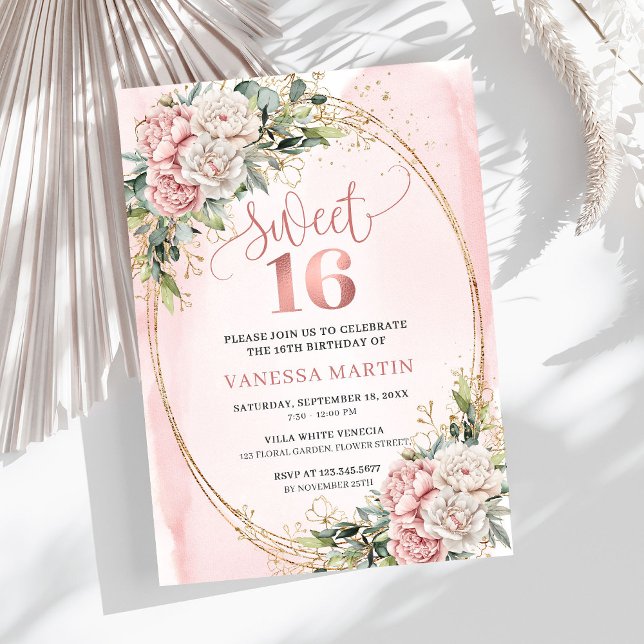 Fleurs roses poussiéreuses Invitation Eucalyptus S (Dusty Pink Flowers Eucalyptus Sweet 16 Invitation)