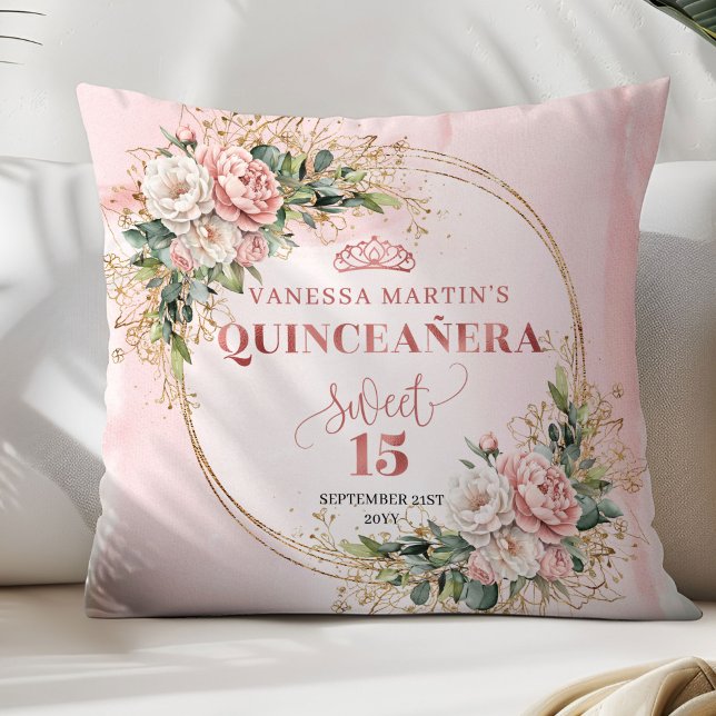 Fleurs Roses Poussiéreuses Verdure Cadeau Coussin  (Dusty Pink Flowers Greenery Sweet 15 Pillow Gift)