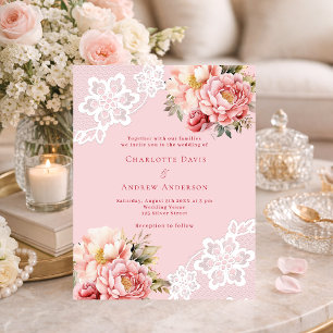 Fleurs roses roses faire-part de mariage dentelles