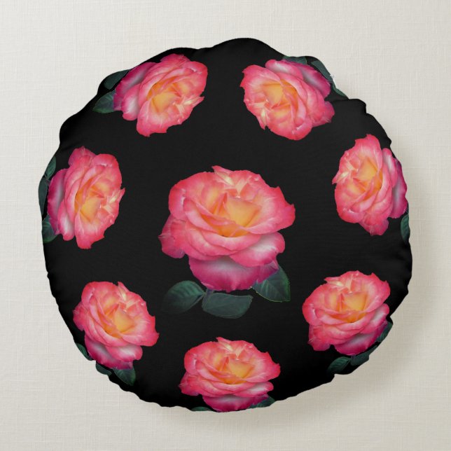 Fleurs roses roses sur Coussin rond noir (Dos)