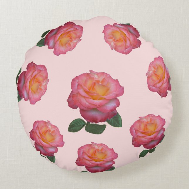 Fleurs roses roses sur Coussin rond rose clair (Dos)