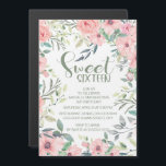 Fleurs roses rousses Sage Vert Feuille doux 16<br><div class="desc">Soigné et élégant Sweet 16 anniversaire invitations magnétiques pour votre fête d'anniversaire printemps ou d'été. Belles fleurs d'aquarelle rose vif et des feuilles verts sauge sur une invitation blanche avec une police de script fantaisiste qui vient juste d'apparaître!</div>