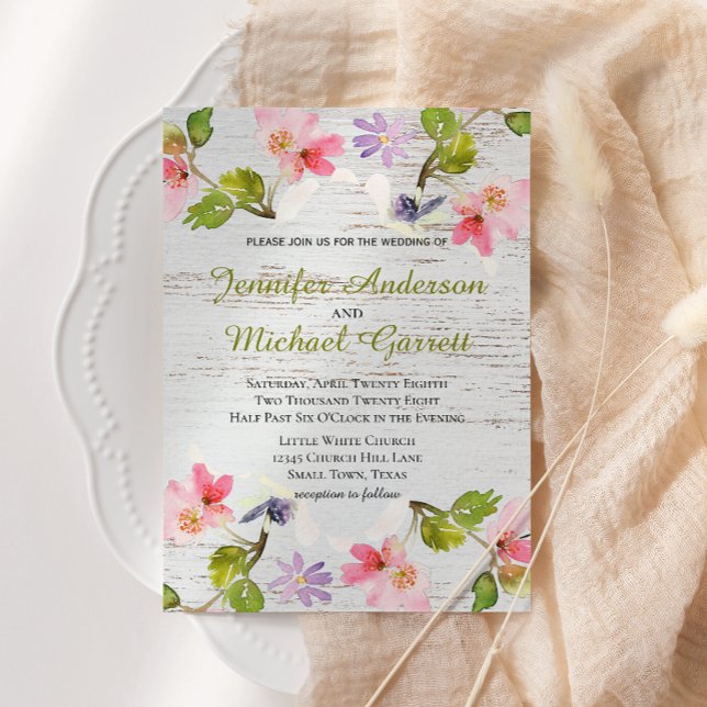 Fleurs roses rustiques sur invitation en bois blan (Créateur téléchargé)