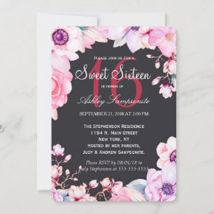 Fleurs roses sur Black Sweet 16 Invitations