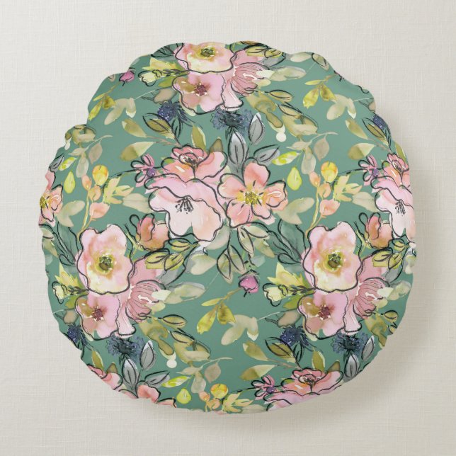 Fleurs roses sur coussin vert rond | Charme (Devant)