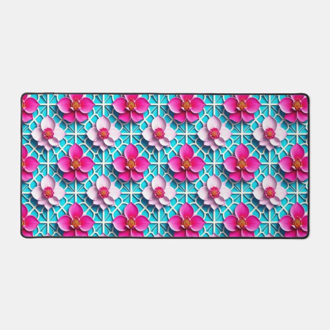 Fleurs roses sur fond bleu géométrique (Recto)
