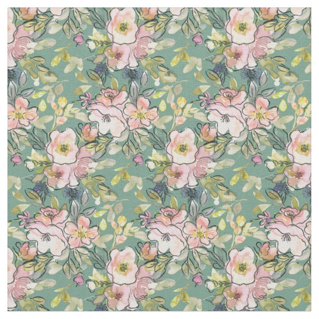 Fleurs roses sur tissu vert - Impression florale (Fermer)