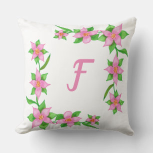 Fleurs roses sur Vin Vert Monogrammes Coussins