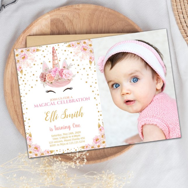 Fleurs roses Unicorn Invitations Anniversaire avec (Pink Flowers Unicorn Birthday Invitations w photo)