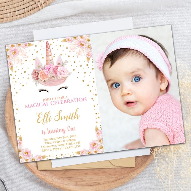 Fleurs roses Unicorn Invitations Anniversaire avec (Pink Flowers Unicorn Birthday Invitations w photo)