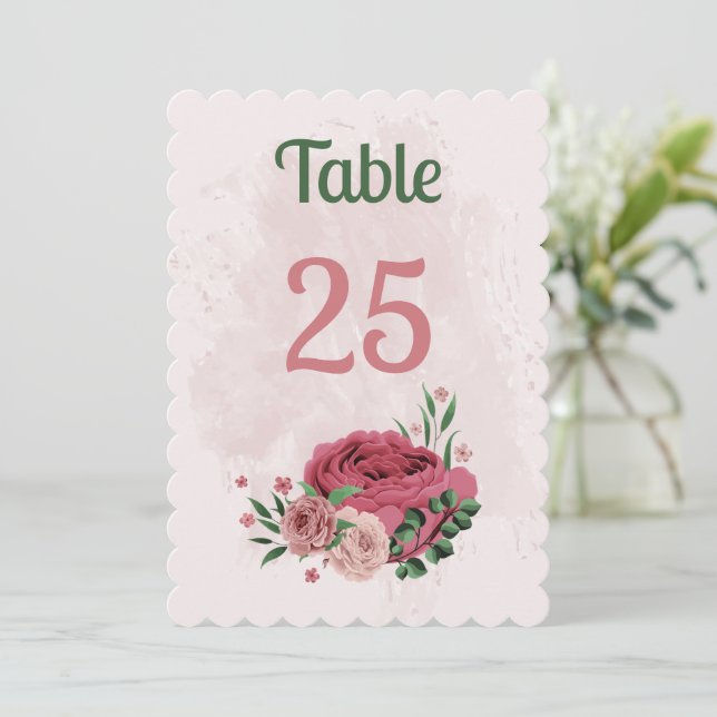 fleurs roses vert feuille carte numéro de table (Debout devant)
