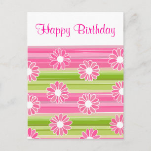 Fleurs roses vertes rayures Bonne carte postale An