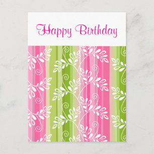 Fleurs roses vertes rayures Bonne carte postale An