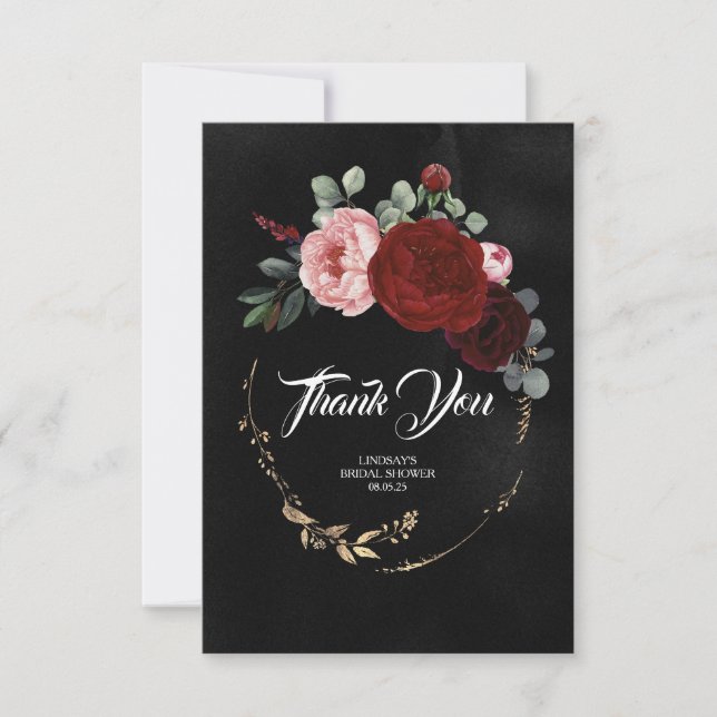 Fleurs Rouge Bourgogne Cartes de Remerciement Noir (Devant)