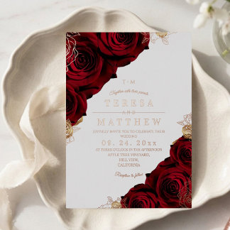 Fleurs Rouge Bourgogne Faire-Part de Mariage en Fe