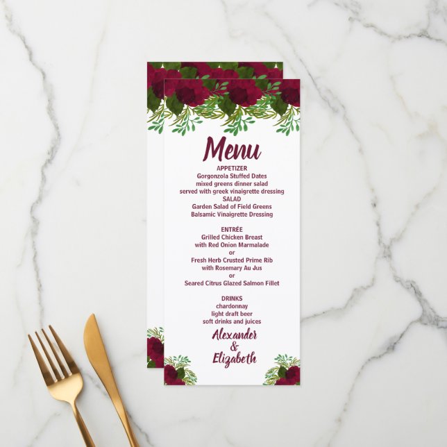 Fleurs rouges - accueil de mariage Menu (Devant/Arrière en situation)