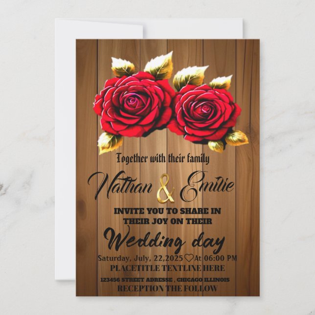 Fleurs rouges de bois rustique invitation mariage  (Devant)