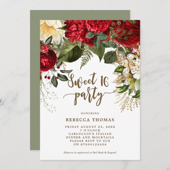 fleurs rouges d'hiver Sweet 16 invitation à la fêt (Devant / Derrière)