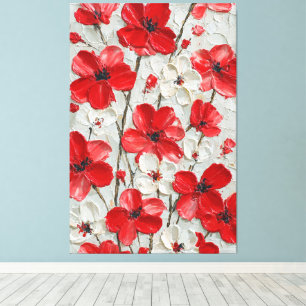 Fleurs rouges et blanches, art mural en impasto