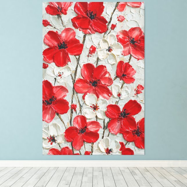 Fleurs rouges et blanches, art mural en impasto (Insitu (Plancher de Bois))