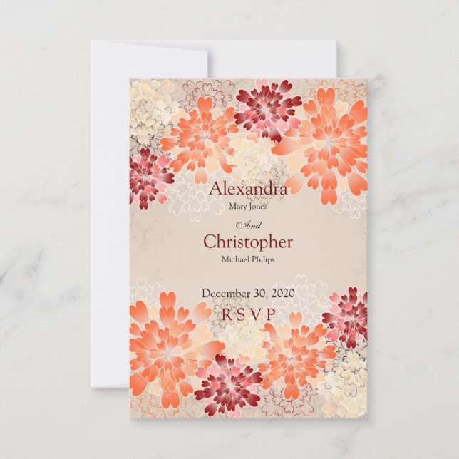 Fleurs rouges et crème orange Mariage rétro RSVP (Devant)