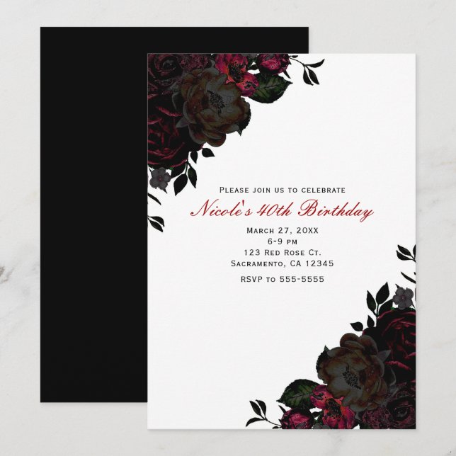 Fleurs rouges foncées et noires Invitations floral (Devant / Derrière)