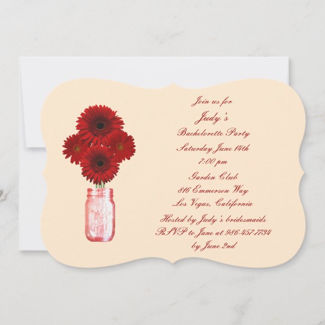 Fleurs rouges Mason Jar Invitation du Bachelorette (Devant)