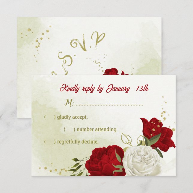 fleurs rouges vert feuilles carte RSVP (Devant / Derrière)