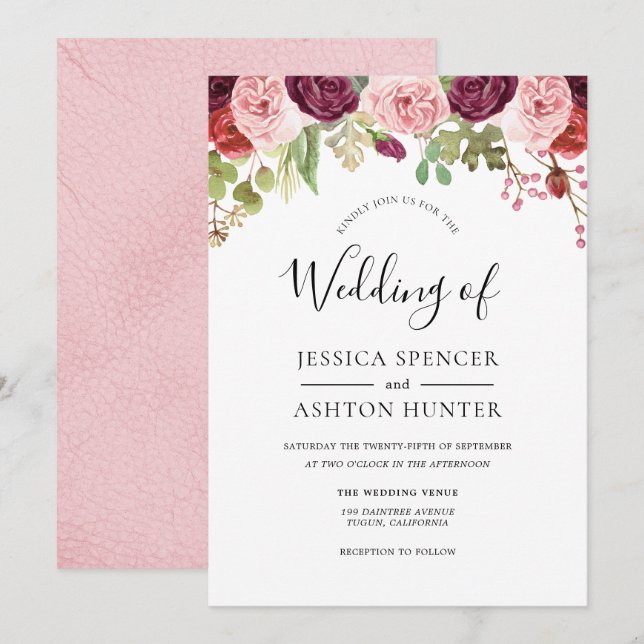 Fleurs rousses et bordeaux Faire-part de mariage p (Devant / Derrière)