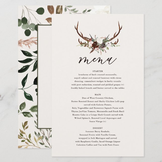 Fleurs rustiques et bois de cerf menu mariage (Devant / Derrière)