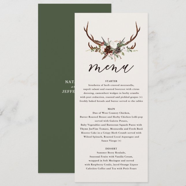 Fleurs rustiques et bois de cerf menu mariage (Devant / Derrière)
