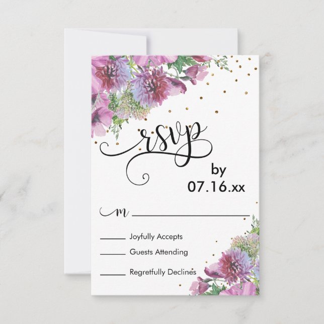 Fleurs sauvages aquarelle, confettis dorés, RSVP é (Devant)