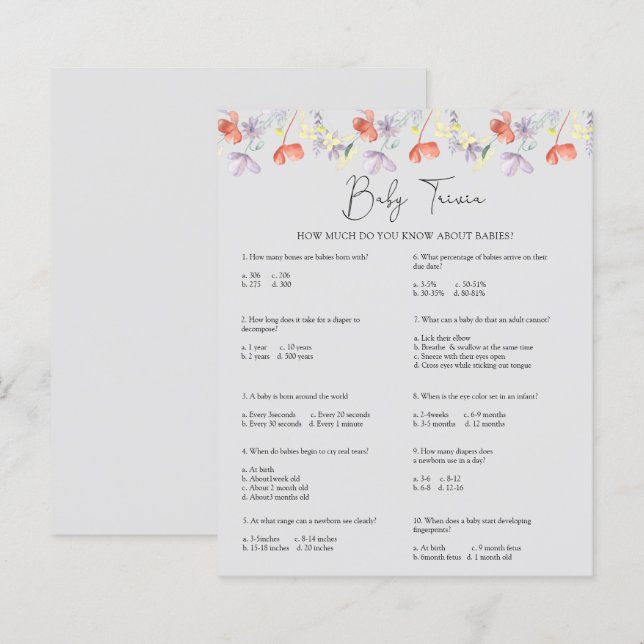 Fleurs sauvages Bébé Quiz | Jeu de Baby Shower (Devant / Derrière)