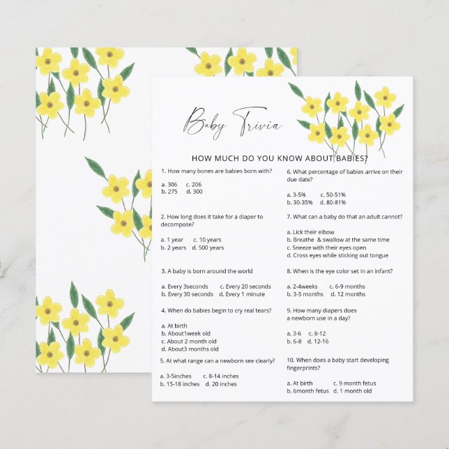 Fleurs sauvages Bébé Quiz | Jeu de Baby Shower (Devant / Derrière)