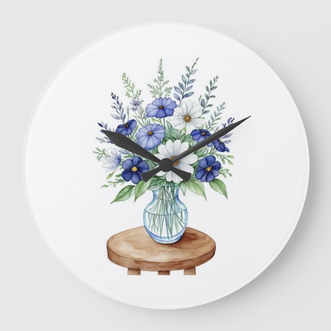 Fleurs sauvages bleus dans un vase Mur Horloge (Recto)