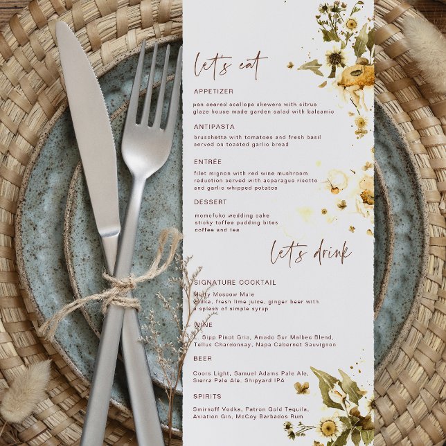 Fleurs sauvages bohèmes d'automne | Menu de mariag (Créateur téléchargé)