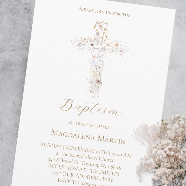 fleurs sauvages croix | Invitation de baptême (Créateur téléchargé)