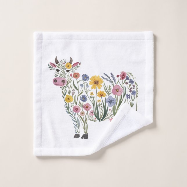 Fleurs sauvages d'aquarelle en forme de Vache mign (Gant de toilette)