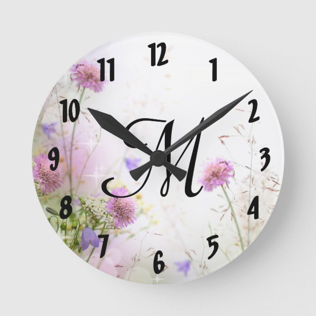 Fleurs sauvages de lavande Monogramme Horloge mura (Recto)